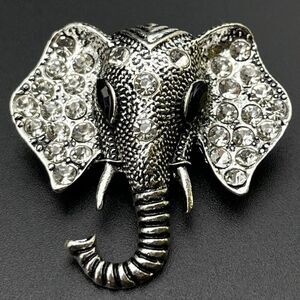 Silver with White Diamond and Black Onyx Crystal Elephant Pin Back Brooch
